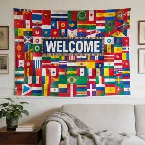 International Flags Welcome Tapestry Wall Hanging - Horizontal Multinational Banner Suitable for, Dorm, Decor - Soft Fabric