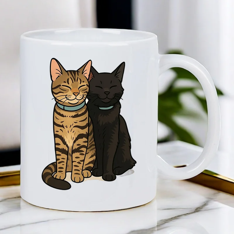 Cute Cat Duo Ceramic White Mug – Perfect Gift for Cat Lovers, Hand Wash Only, Reusable, Multipurpose Use, No Electricity Needed,